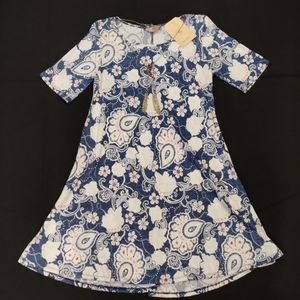 SJS Blue and White Dress w Attached Gold Necklace